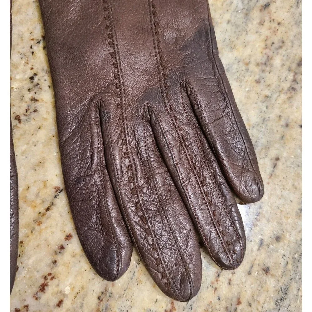 Vintage Size S 6.5 Brown Leather Acrylic Knit Lined 8